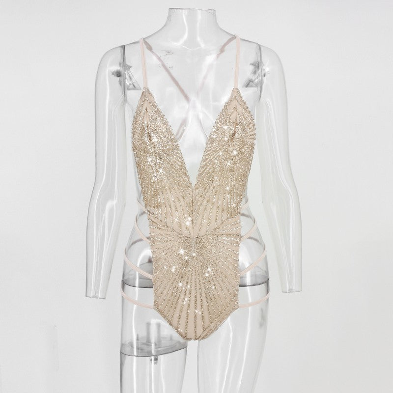 Side Bandage Sequin V Neck Swimsuit