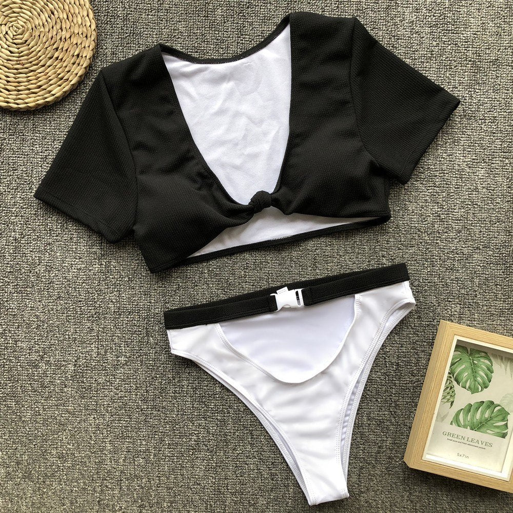 Short Sleeve Knot Waist Buckle 2 Piece Sets