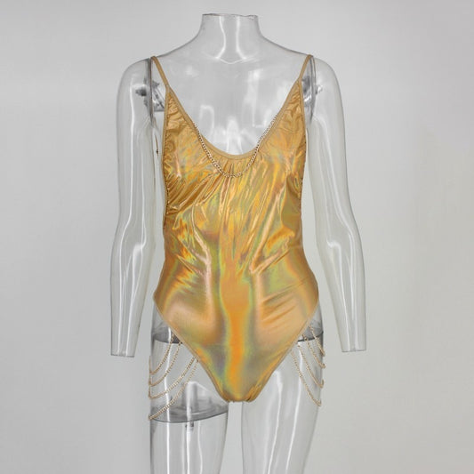 Shiny Deep V Backless Side Chain One Piece