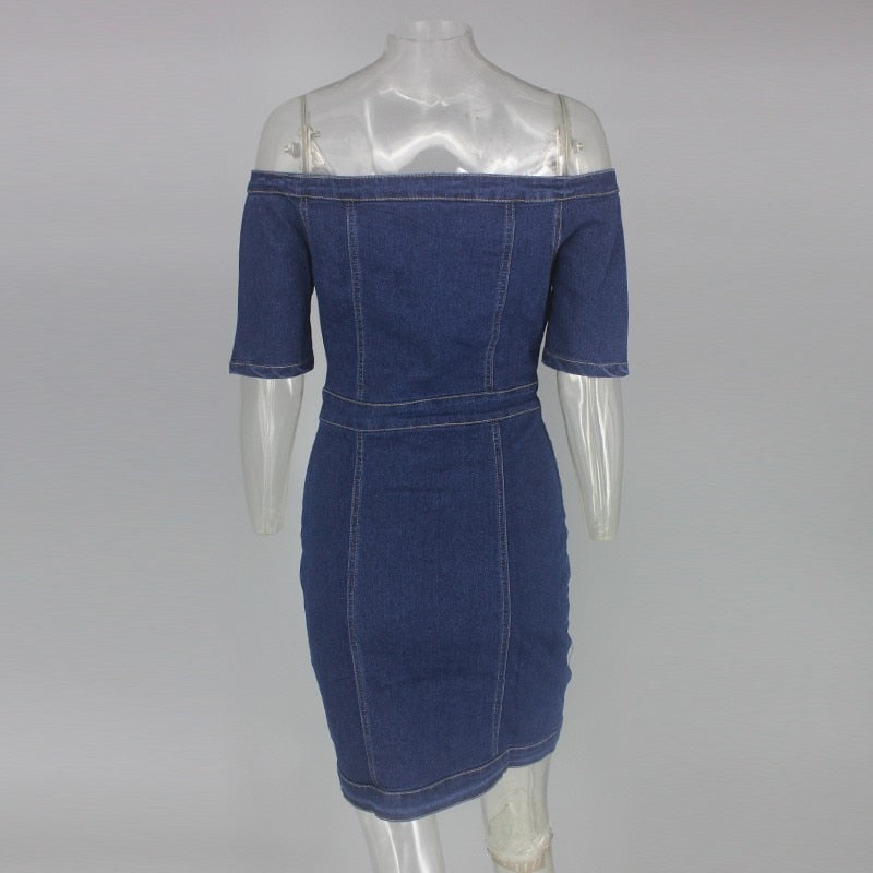 Denim Off Shoulder Short Sleeve Button Bodycon Dress