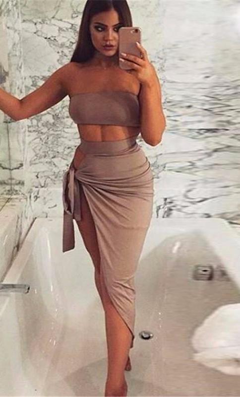 Irregular Split Halter Dress 2 Pcs