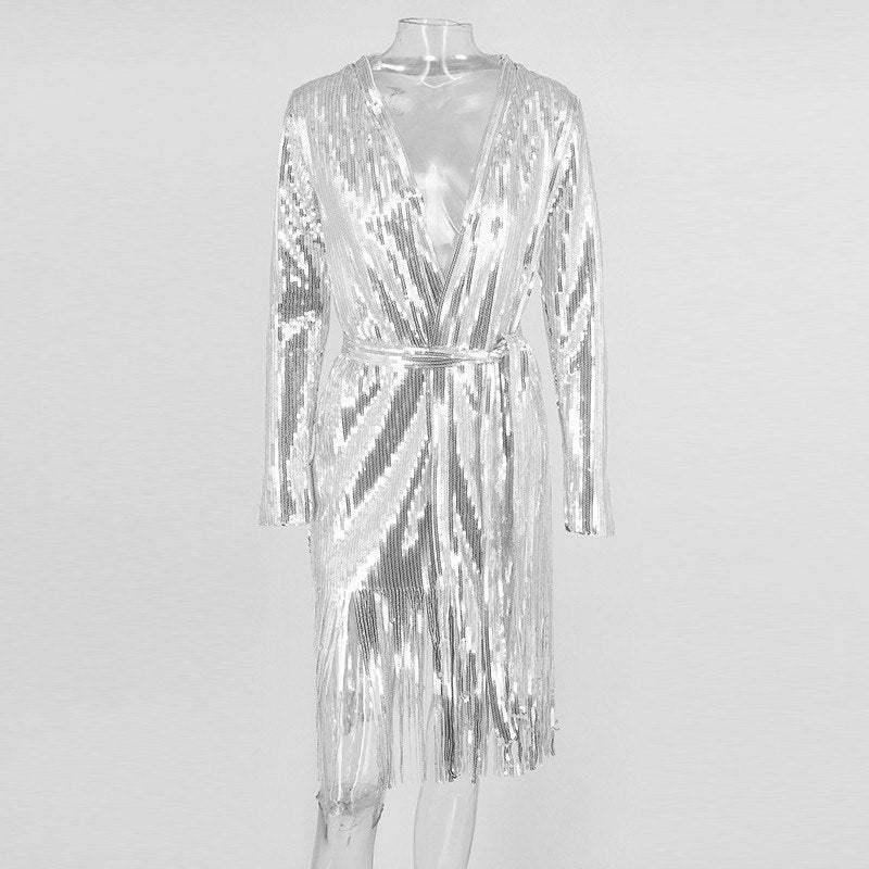 Sequined Long Sleeve Waist Belt Robe Dresses