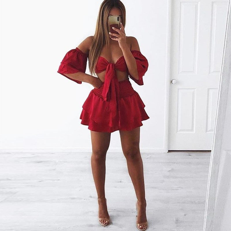 V Neck Ruffle Bow Tie Crop Top and Skirt Sets