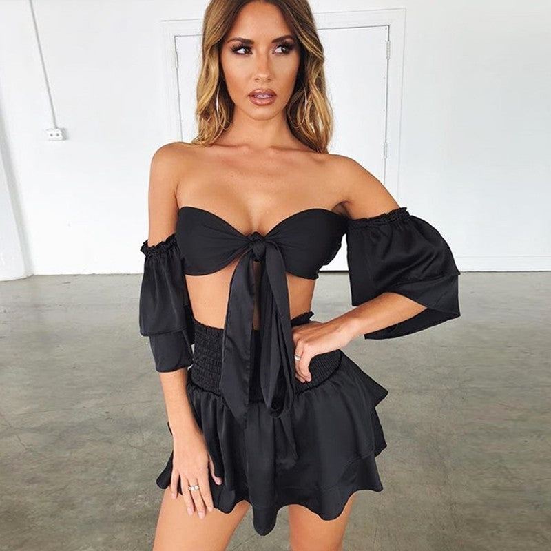 V Neck Ruffle Bow Tie Crop Top and Skirt Sets