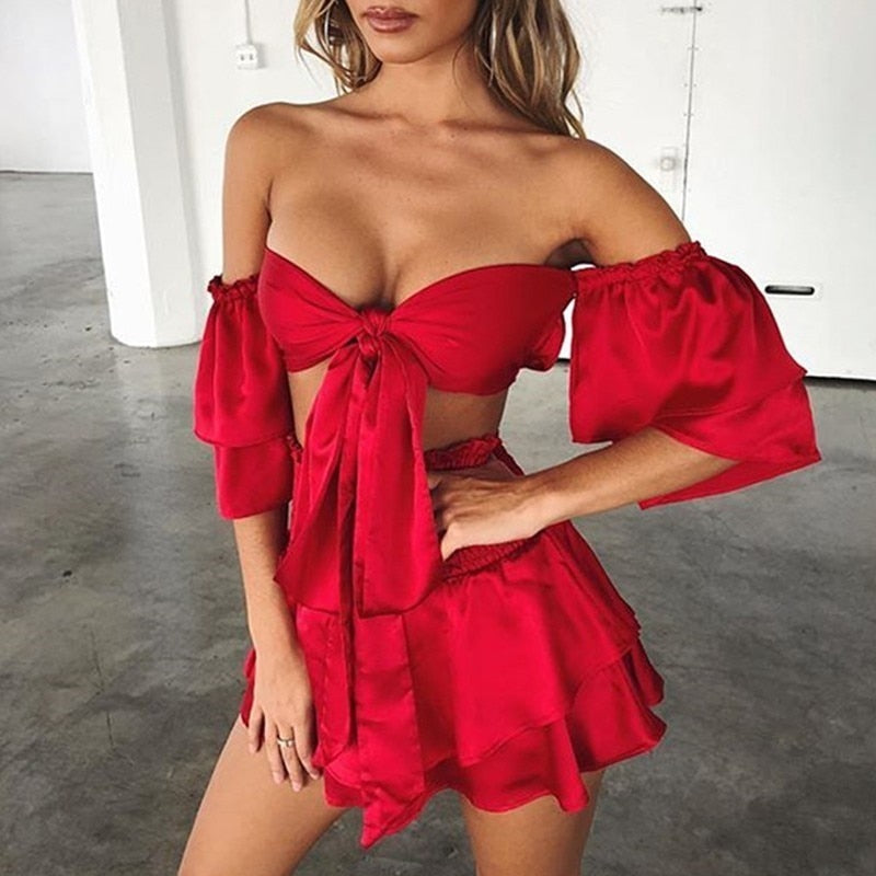 V Neck Ruffle Bow Tie Crop Top and Skirt Sets