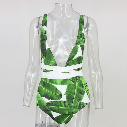 Deep V Bandage Printed Swimsuits