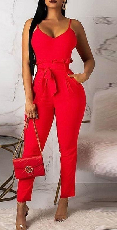 Spaghetti Strap V-neck Sleeveless Backless Jumpsuits