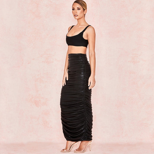 Metallic Pleated Side Split High Waist Skirt