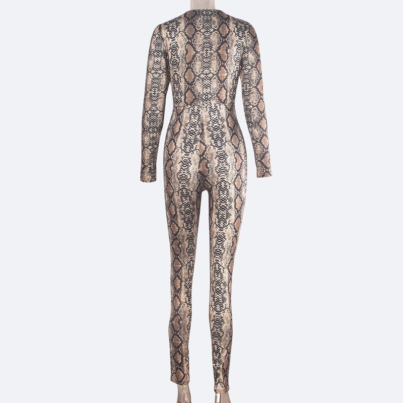 Snakeskin Print Long Sleeve Deep V Neck Jumpsuit