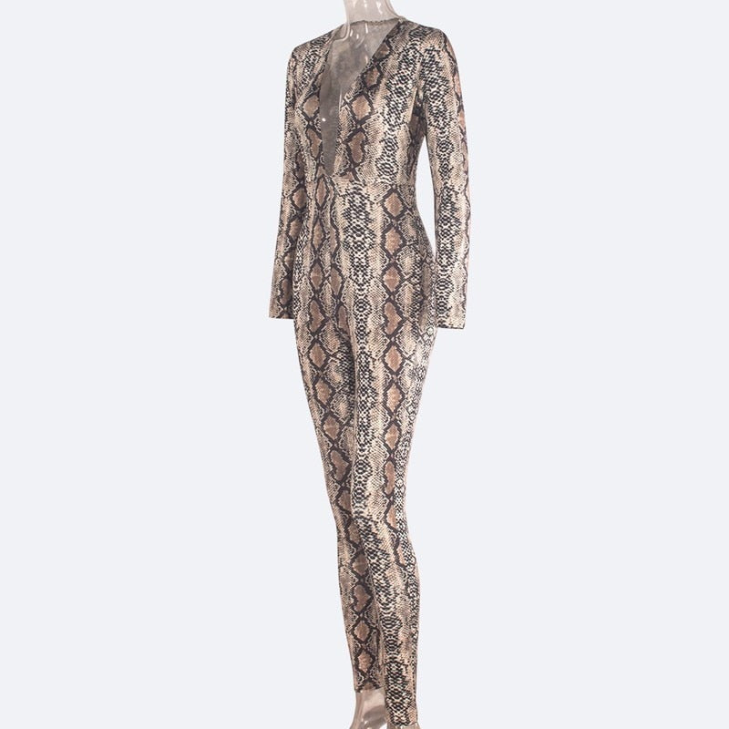 Snakeskin Print Long Sleeve Deep V Neck Jumpsuit