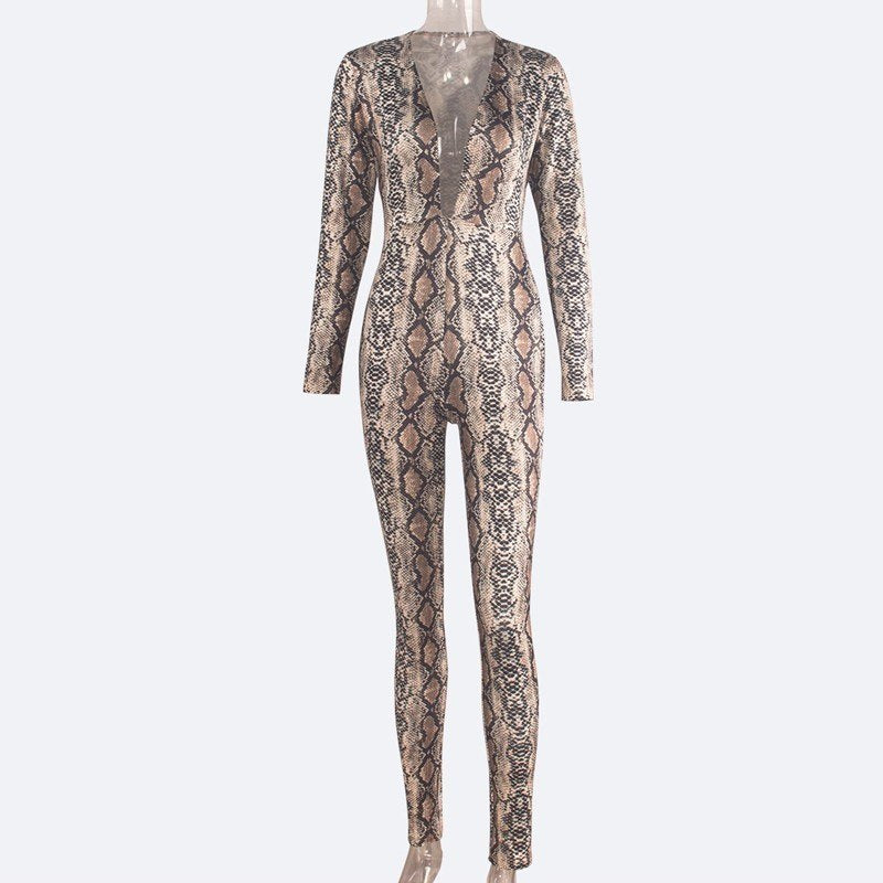 Snakeskin Print Long Sleeve Deep V Neck Jumpsuit