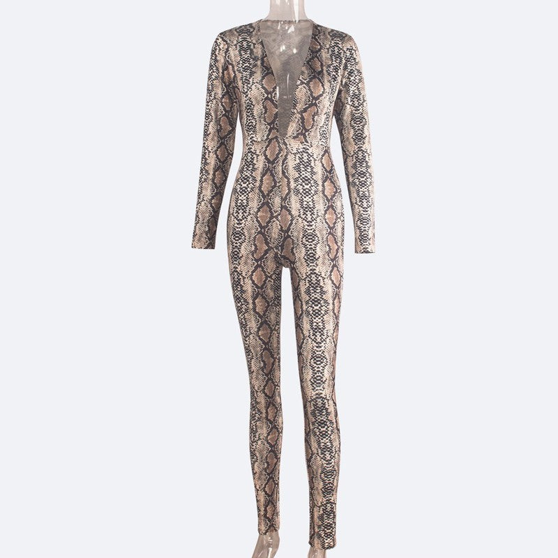 Snakeskin Print Long Sleeve Deep V Neck Jumpsuit