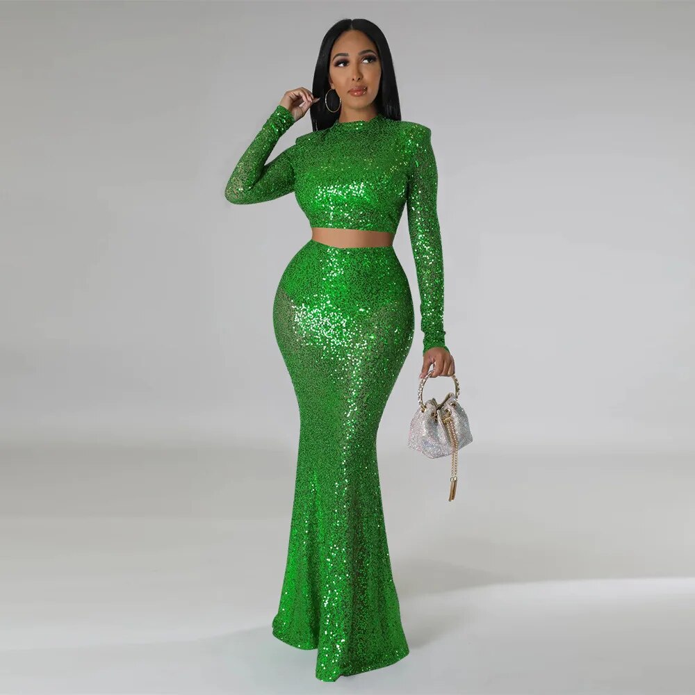 Sequins O-neck Crop Top & Maxi Skirt Sets