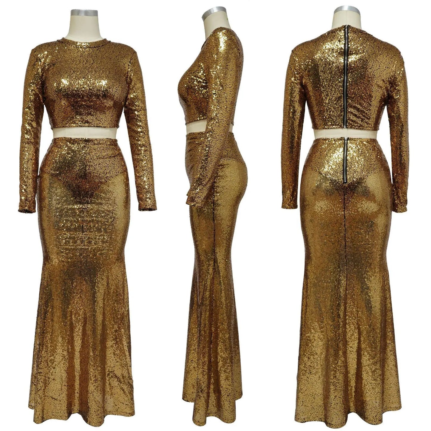 Sequins O-neck Crop Top & Maxi Skirt Sets