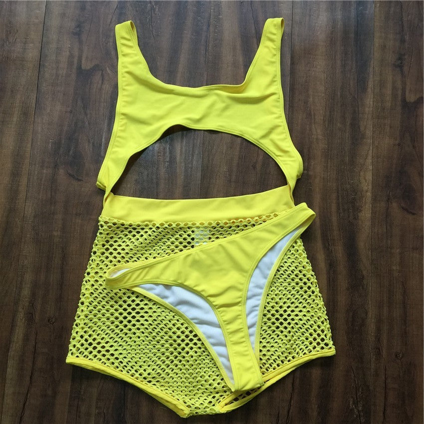 Neon Fishnet High Waisted Thong Monokini Sets
