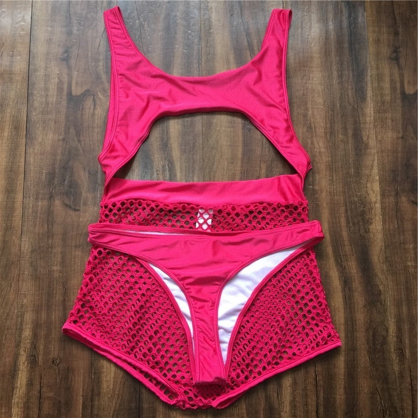 Neon Fishnet High Waisted Thong Monokini Sets