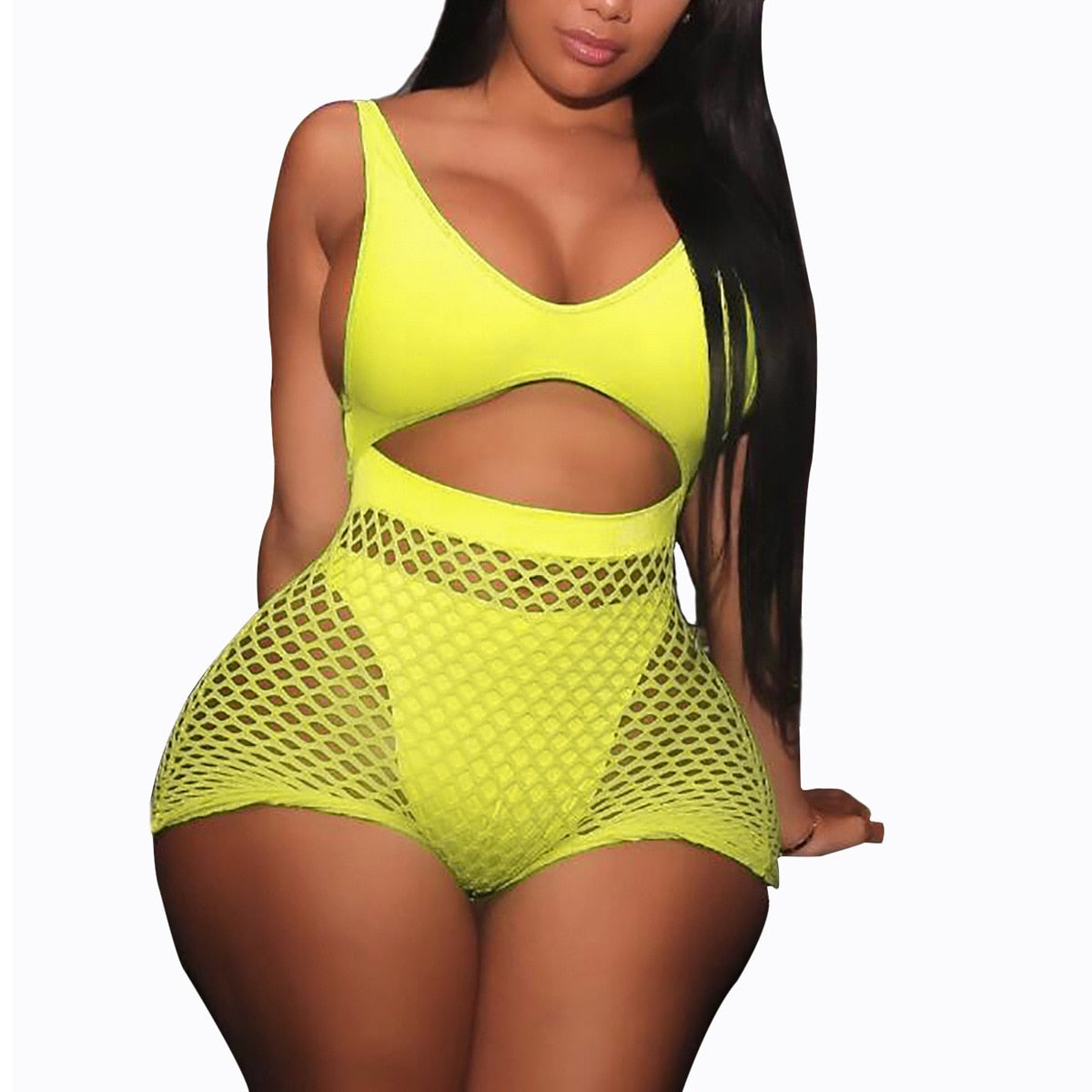 Neon Fishnet High Waisted Thong Monokini Sets