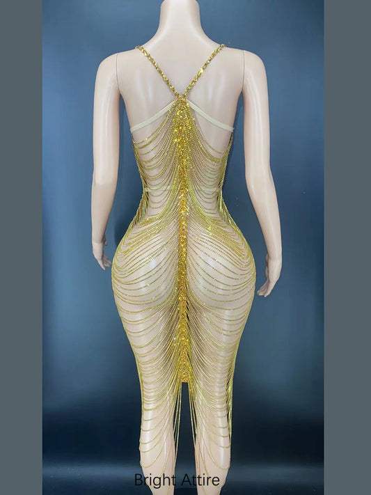 Gold Fringe Rhinestone Body Chain Dress Overlay