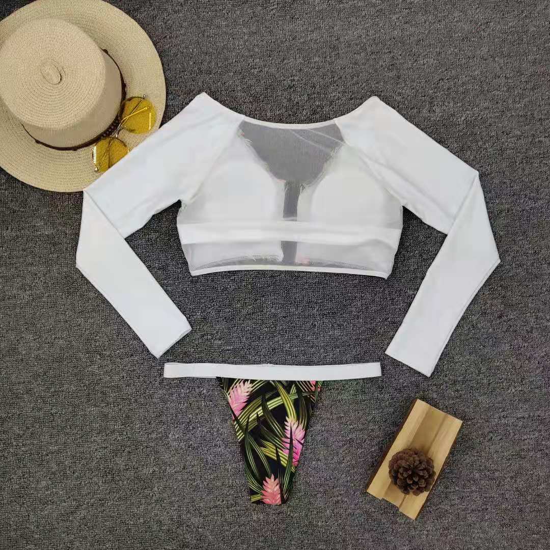 Topical Floral Leaves Print Long Sleeve Mesh Brazilian Bikini Set