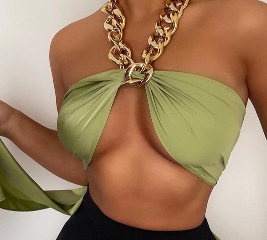 Metal Chain Halter Corset Crop Tops