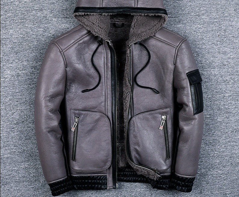 Genuine Leather Jackets Shearling Lining Hoodie