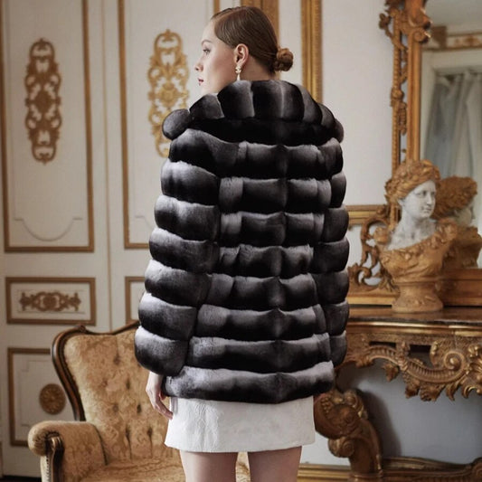 Chinchilla Style Real Fur Coat Mid Length Big Collar