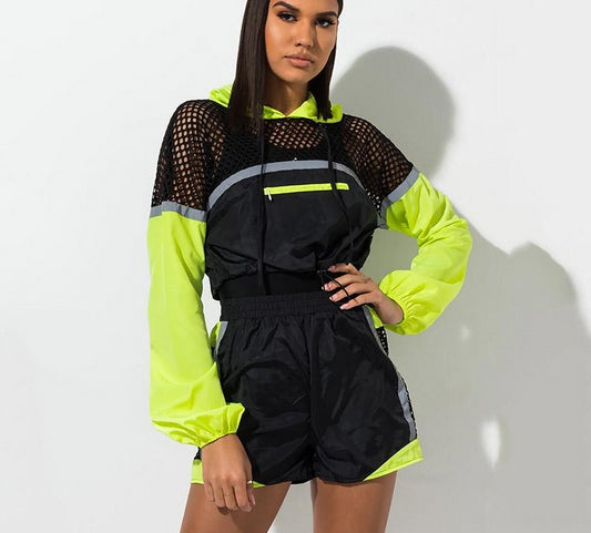Fishnet Long Sleeve Hoodie Jacket and Shorts Sets