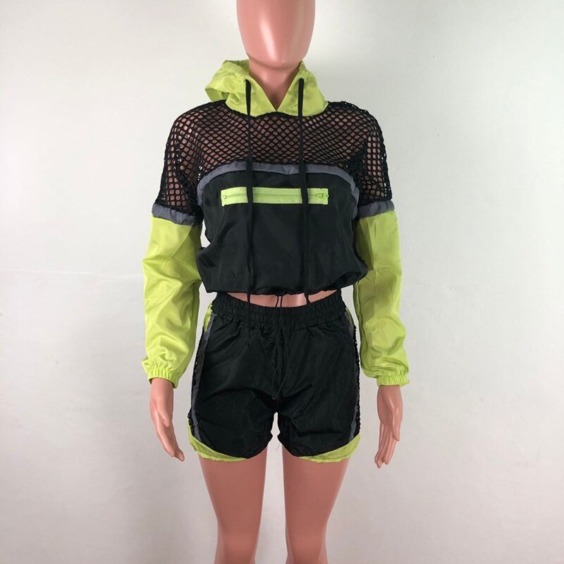 Fishnet Long Sleeve Hoodie Jacket and Shorts Sets