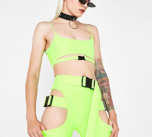 Hollow Side Thigh Buckle Fitness Crop Top and Shorts