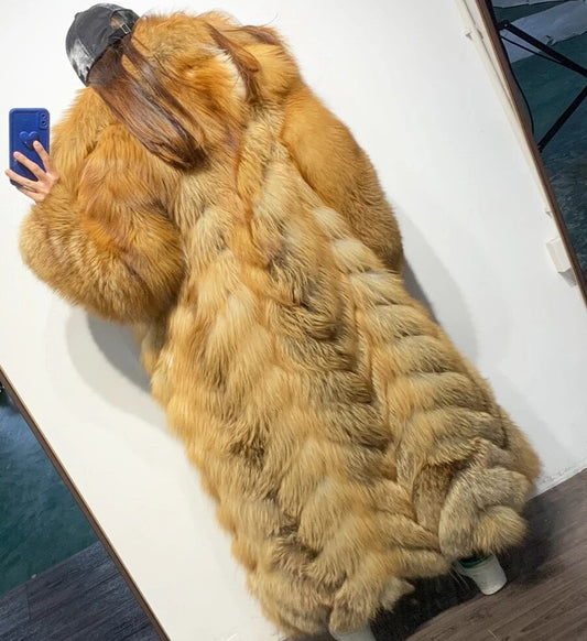Pattern Big Fur Collar X-Long Real Fox Fur Coat