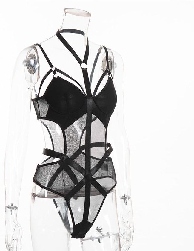 Black Halter Lace Bandage Mesh Sexy Bodysuit