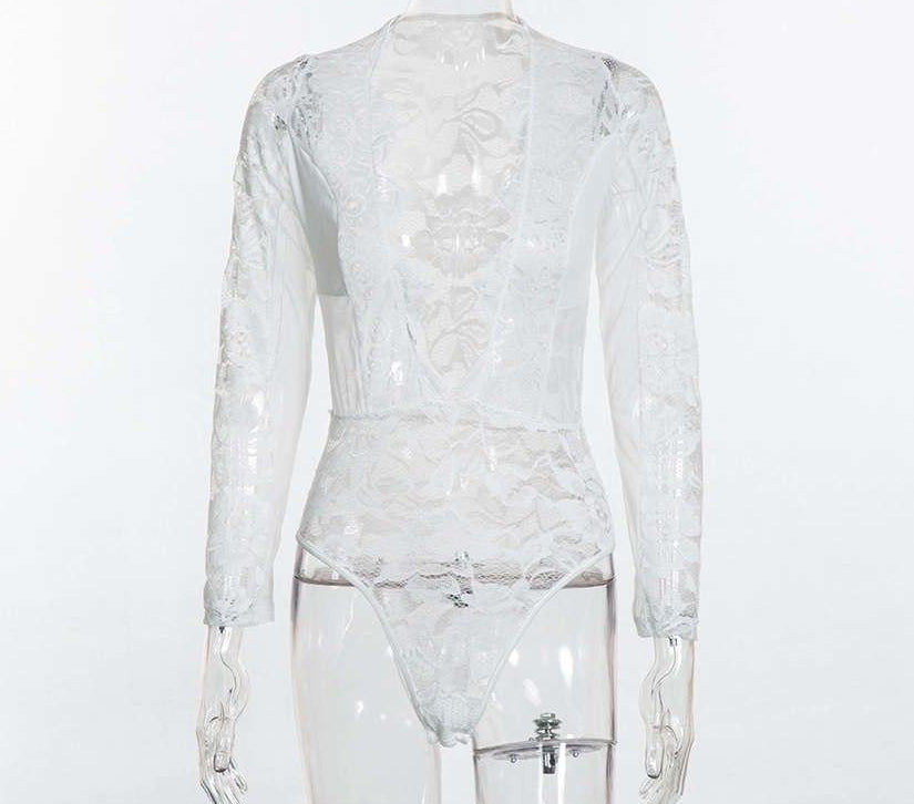 Lace Deep V Neck Patchwork Mesh Bodysuits