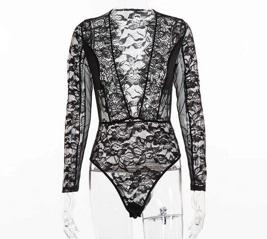 Lace Deep V Neck Patchwork Mesh Bodysuits