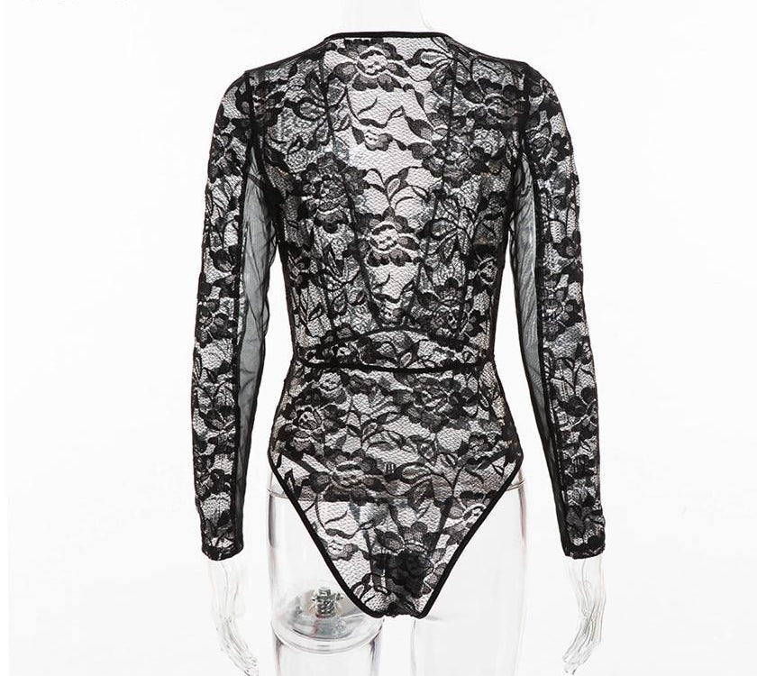 Lace Deep V Neck Patchwork Mesh Bodysuits