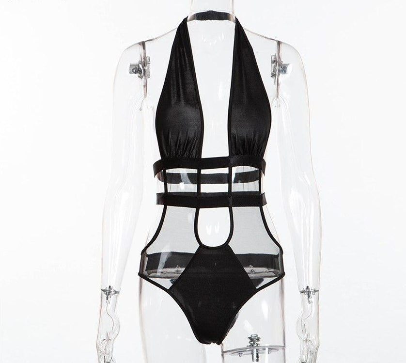Double Belly Strap Mesh Backless Bodysuit