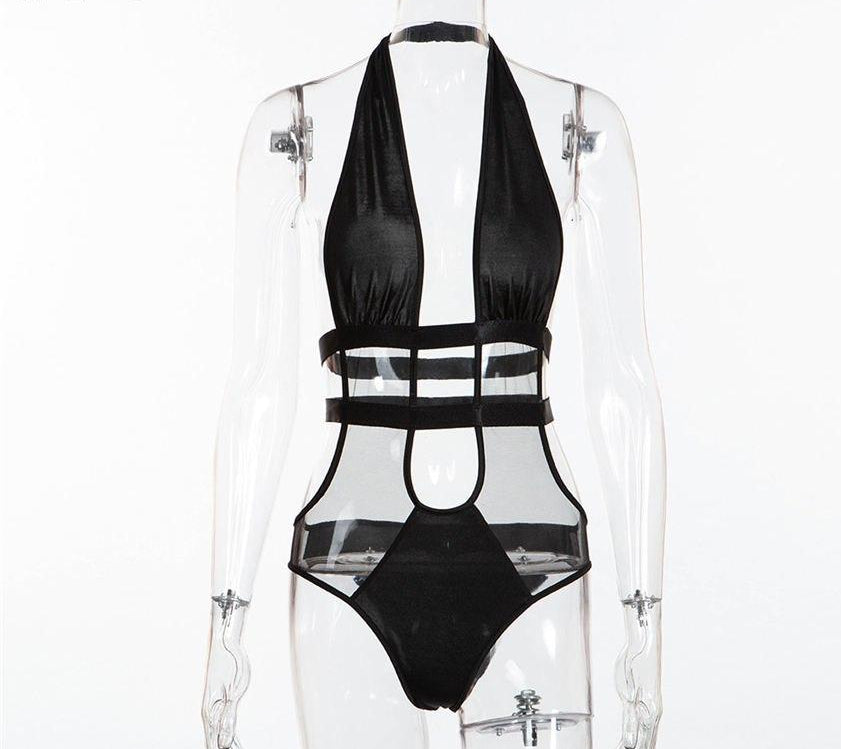 Double Belly Strap Mesh Backless Bodysuit