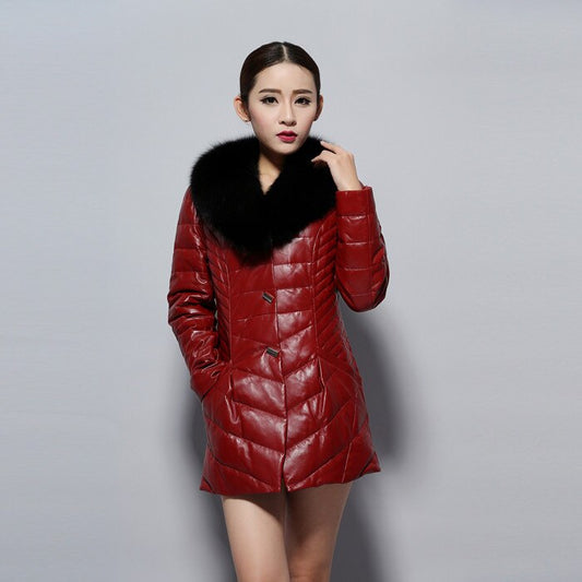 Genuine Leather Coat Fur Collar Goose Down
