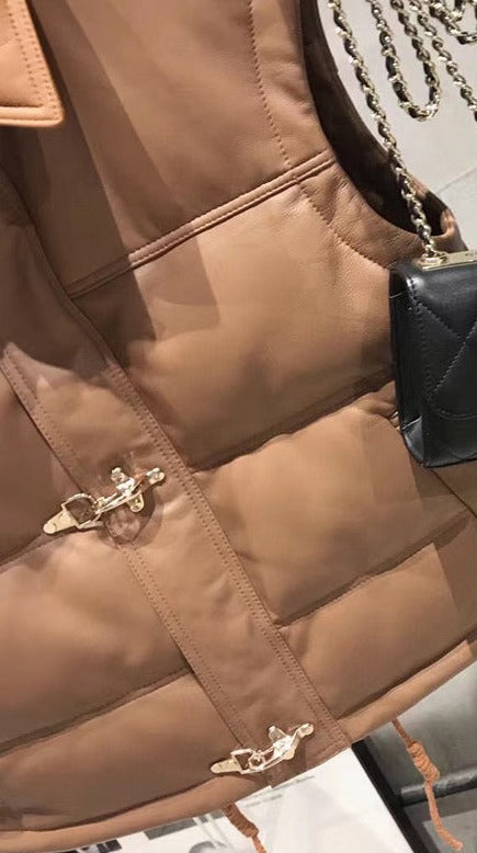 Genuine Leather Sleeveless Duck Down Crop Jacket