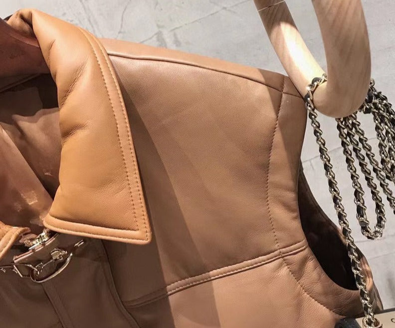 Genuine Leather Sleeveless Duck Down Crop Jacket