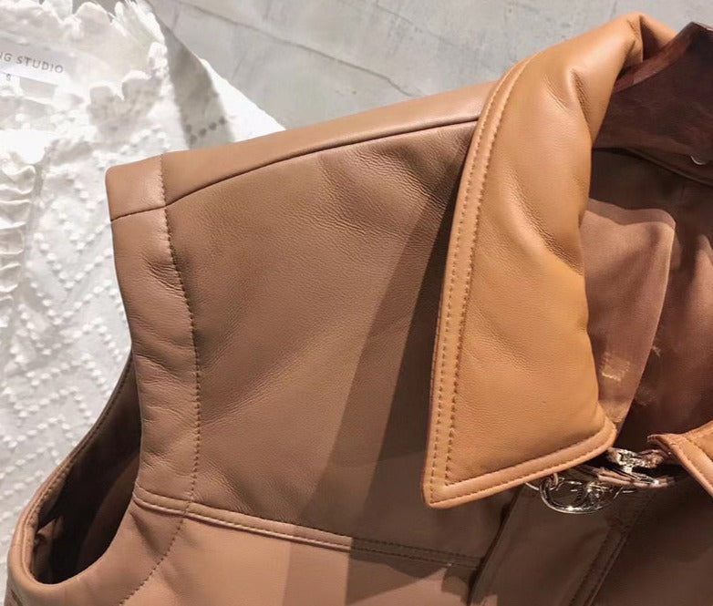 Genuine Leather Sleeveless Duck Down Crop Jacket