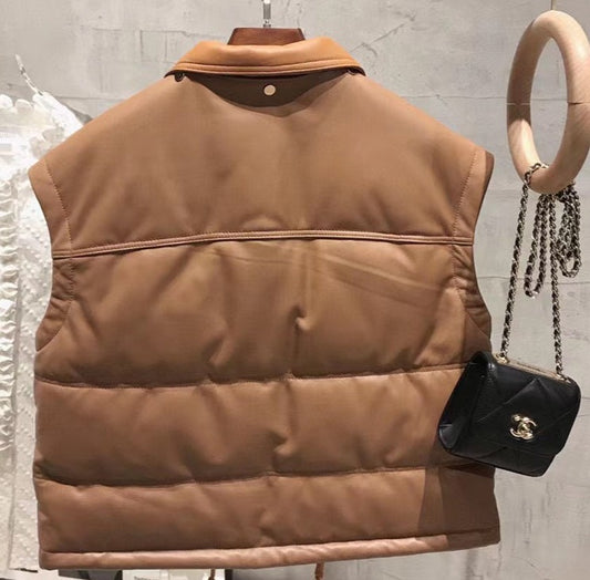 Genuine Leather Sleeveless Duck Down Crop Jacket