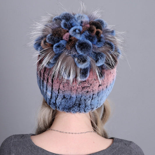 Genuine Rex Rabbit & Fox Fur Striped Beanies