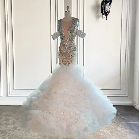 Crystals Sleeveless Tulle Ruffles Mermaid Gowns