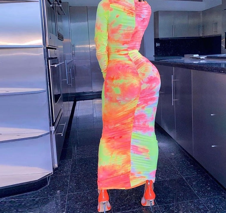 Long Sleeve Abstract Print Bodycon Maxi Dresses