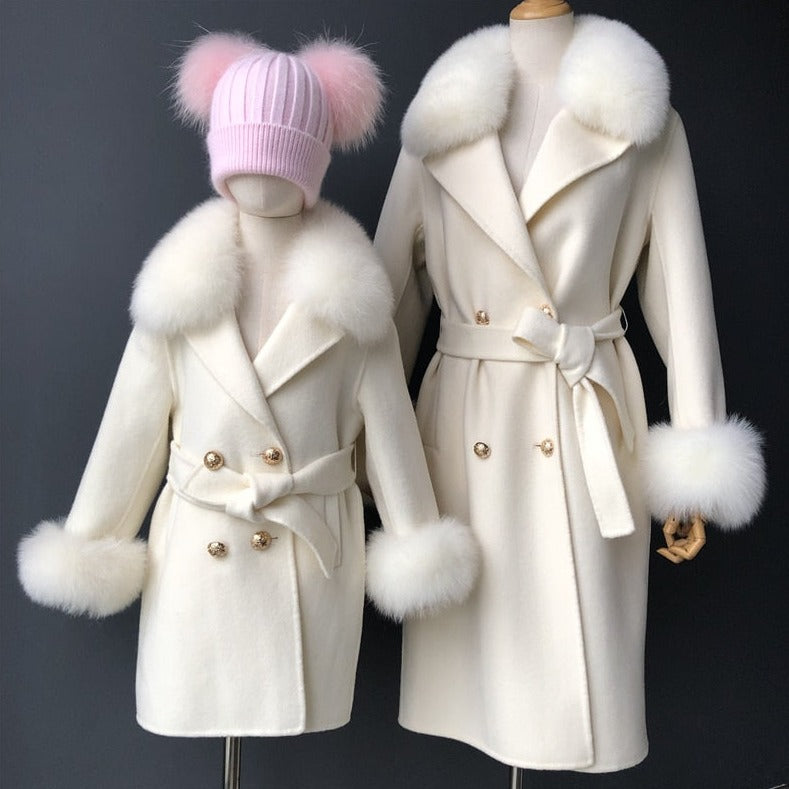 Mother & Daughter Cashmere Wool Pea Coats Fur Collar & Cuffs