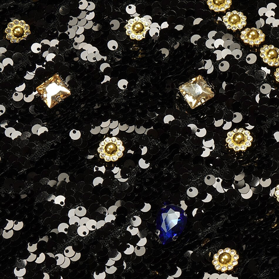 Deep V-Neck Rhinestone Sequin Wide-Leg Jumpsuit