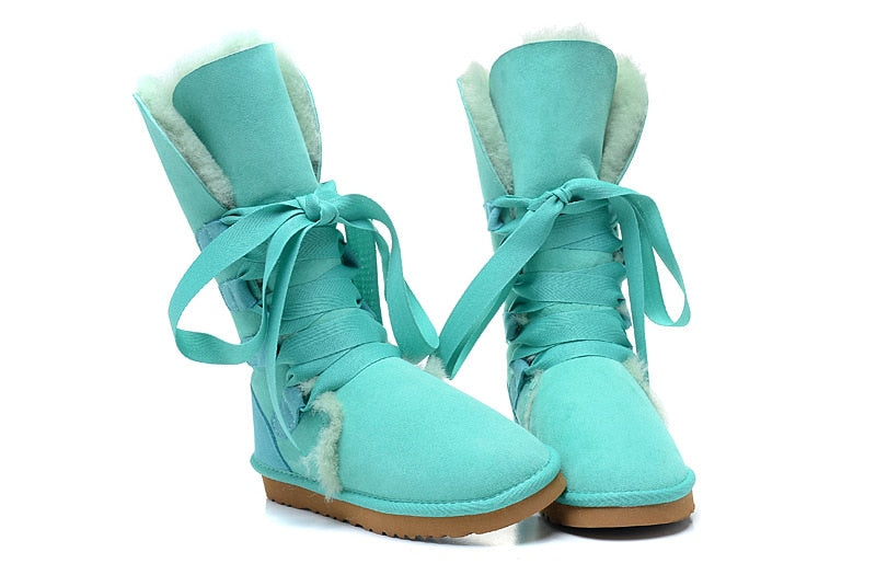 Genuine Leather Real Shearling Fur Long Lace High Boots