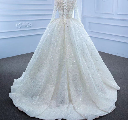 Luxury Pearls Sequin Lace Up Wedding Dresses