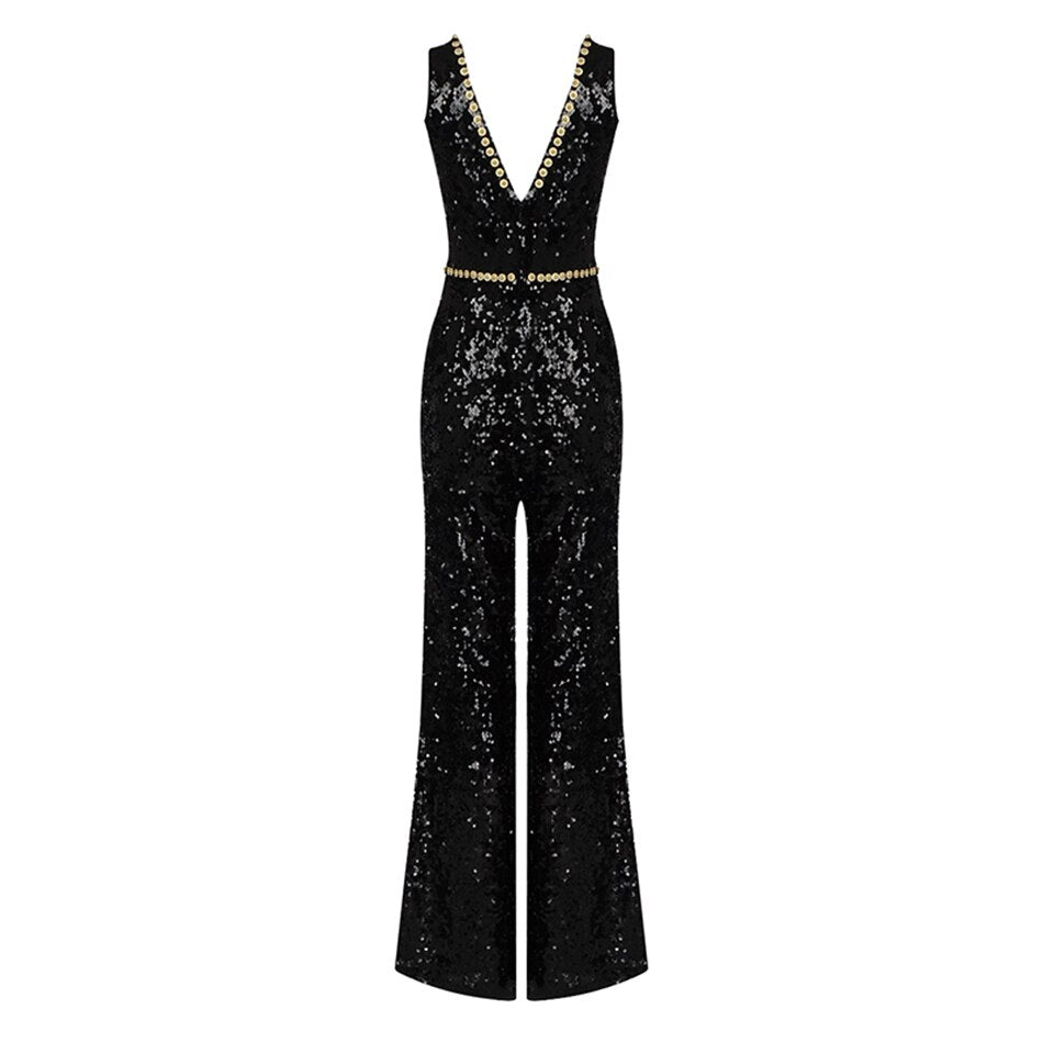 Deep V-Neck Rhinestone Sequin Wide-Leg Jumpsuit