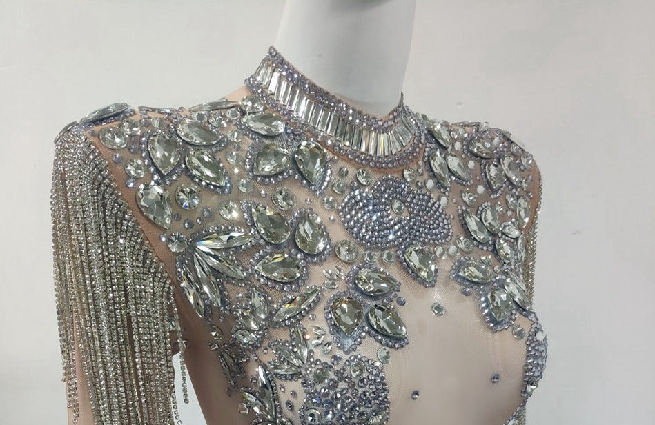 Rhinestones Mesh Crystal Chain Tassel Bodysuit